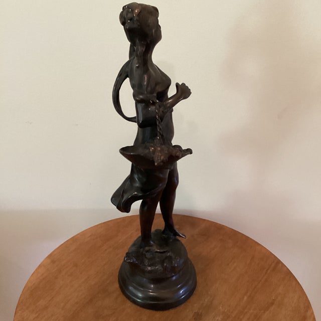 Antique Victorian Period Italian Bronze Sculpture of a Walking Girl W/Fruit Basket Circa 1900 For Sale - Image 4 of 12