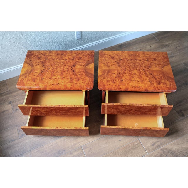 1970’s Italian Burl Wood Two- Drawer Nighstands, a Pair For Sale - Image 9 of 11