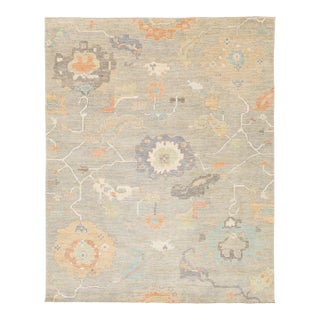 Modern Oushak Style Area Rug – Hand-Knotted Wool in Neutral Sage & Terracotta For Sale