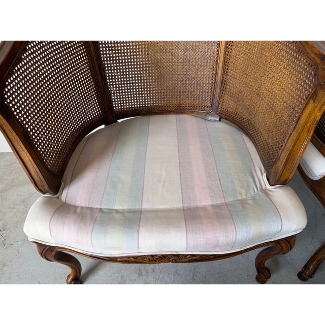 1960s Vintage French Provincial Louis XV-Style Carved Walnut & Cane Club Chairs – Pair For Sale - Image 12 of 13