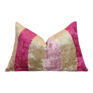 Pink Gold Striped Silk Velvet Lumbar Pillow – 16x24 Handmade Luxury Cushion For Sale