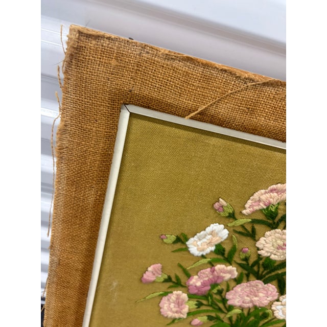 Vintage Floral Crewel Embroidery Wall Art With Burlap Border For Sale - Image 4 of 11