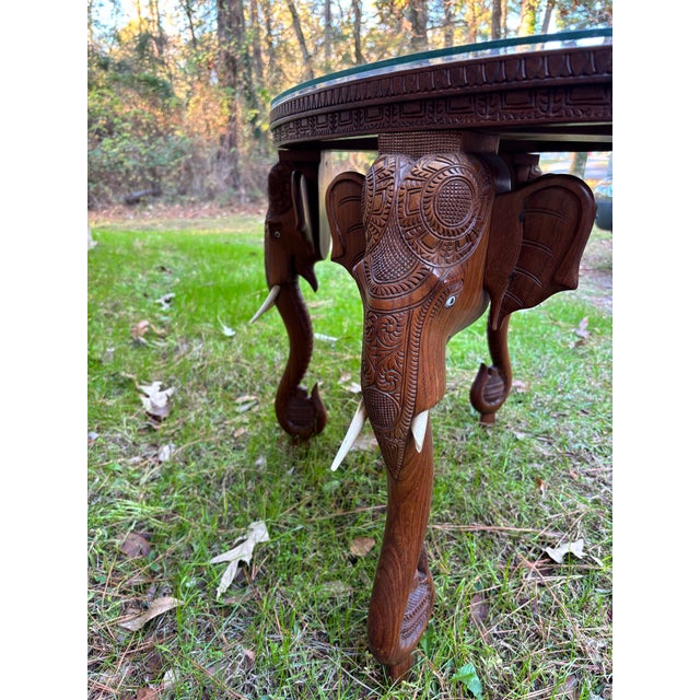 Wood Antique Anglo-Indian Hand Carved Elephant Head Figures, Glass Top Oval Table For Sale - Image 7 of 9