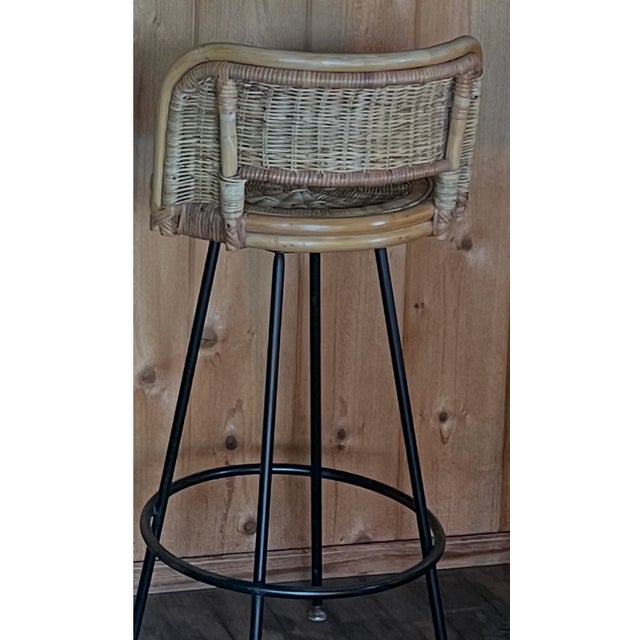 4 1960s Wicker/Bamboo/Wrought Iron Swivel Stools For Sale - Image 10 of 15