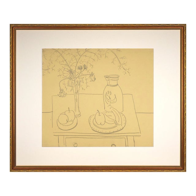 Vintage Mid Century Modernist Floral Still Life Drawing by Achillo Sullo C. 1950s For Sale