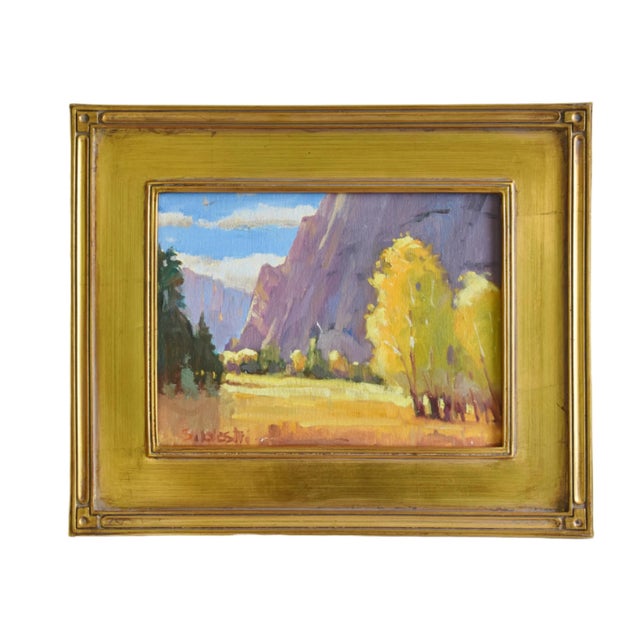 Wood Silvio Silvestri, Listed Artist Meadow & Mountains Landscape Oil Painting Including the Antiqued Gold Frame For Sale - Image 7 of 10