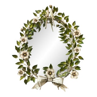 Italian Tole Painted Floral & Birds, Oval Mirror, 1950s For Sale