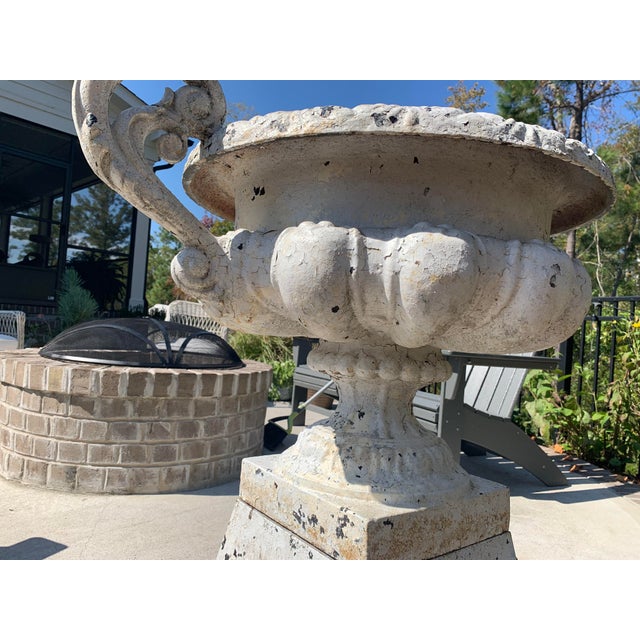 Metal 19th Century Large French Cast Iron Garden Urn Double Handles With Pedestal Base For Sale - Image 7 of 13