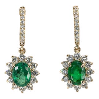 1.6Ct Emerald Earrings With Earth Mined Diamonds Accents: Solid 14k Gold, A Pair For Sale