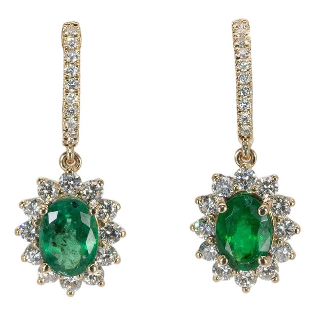 1.6Ct Emerald Earrings With Earth Mined Diamonds Accents: Solid 14k Gold, A Pair For Sale