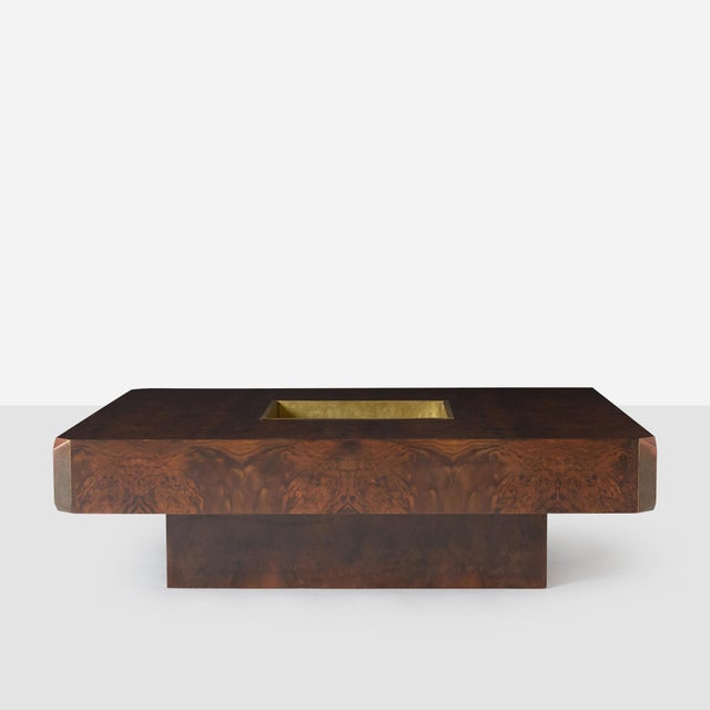 Description Square Alveo Coffee Table in Walnut Burlwood and Brass by Willy Rizzo for Sabot Design Italy, c1970s A...