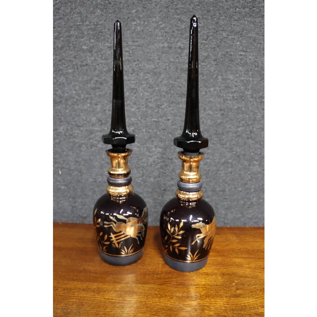 Glass Early 20th Century Royal Purple Art Glass Decanters With Gold Horse Overlay - Pair For Sale - Image 7 of 14