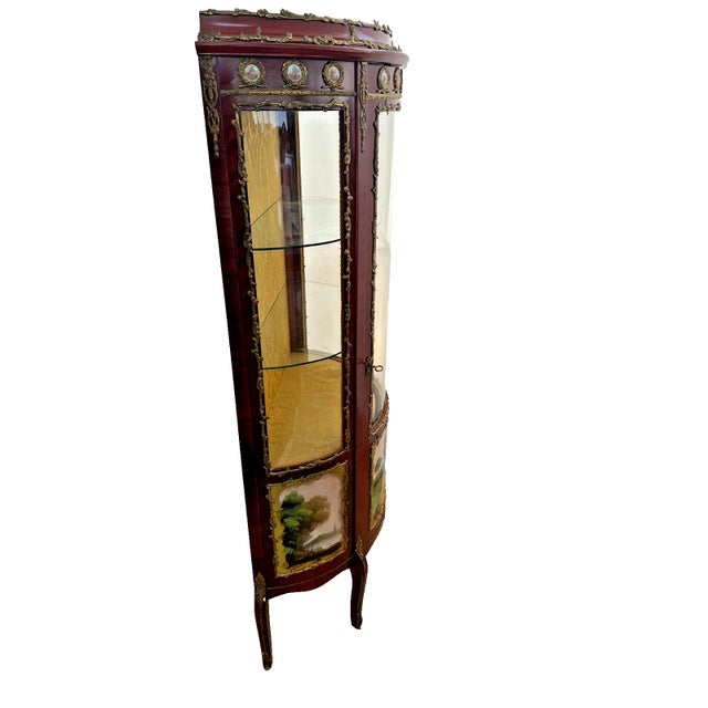 Vintage French Curio China Cabinet Vitrine Demilune Lighted Locking Curved Glass For Sale - Image 4 of 13