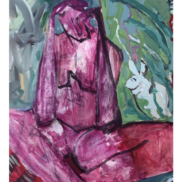 Vintage Mid Century Modernist Figurative Abstract Painting of a Nude With a Rabbit For Sale - Image 4 of 8