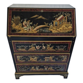 A Vintage Chinoiserie Black Lacquer Secretary Desk by the Maddox Table Company For Sale