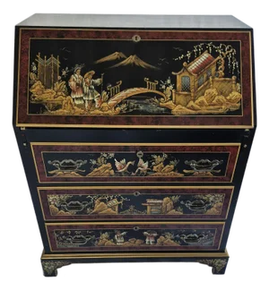A Vintage Chinoiserie Black Lacquer Secretary Desk by the Maddox Table Company