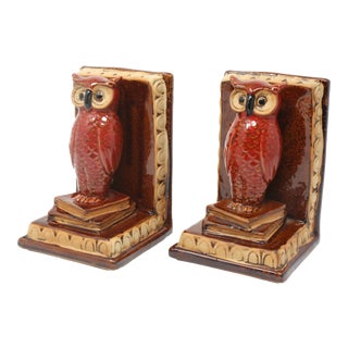 Vintage Owls and Books Pottery Bookends - a Pair For Sale