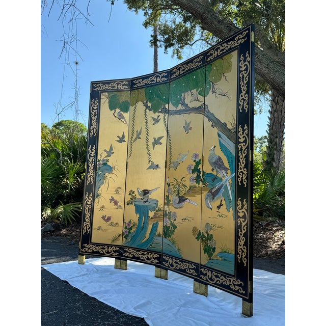 Gold Vintage Chinese Four-Panel Chinoiserie Folding Screen With Raised Shell Birds & Gold Leaf For Sale - Image 8 of 8