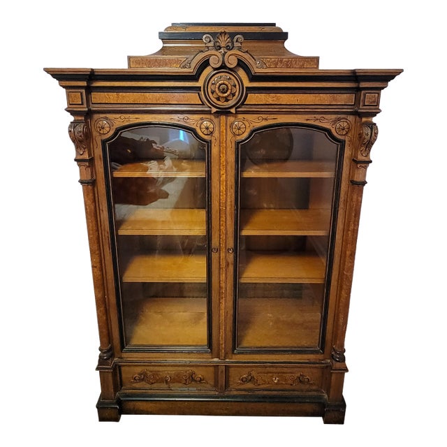 1880s Victorian Renaissance Revival Walnut and Burl Bookcase by Robert Renwick & Sons of Baltimore For Sale