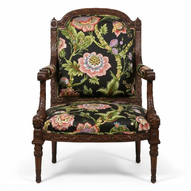 20th-C. French Louis XVI Style Carved Fruitwood Bergere Arm Chair For Sale - Image 4 of 8