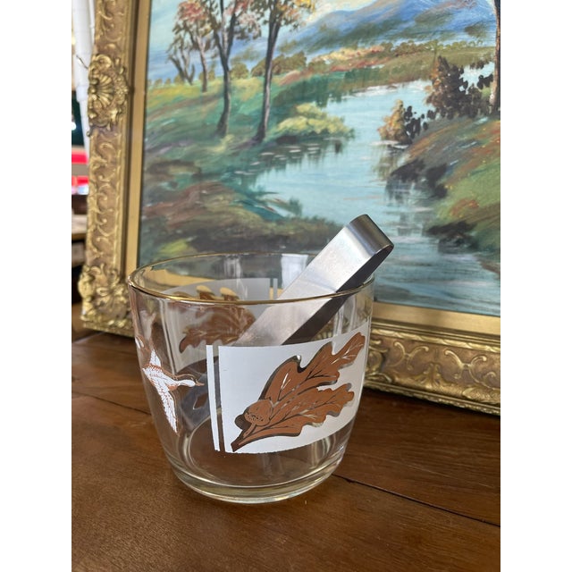 Vintage Mid-Century Modern Ice Bucket With Ducks in Flight and Oak Leaf Motif, Gold Rim, and Stainless Steel Tongs - 2 pcs For Sale In Seattle - Image 6 of 9