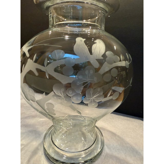 1950s Glass Ginger Jar With Etched Cherry Blossom Birds Motif For Sale - Image 6 of 8