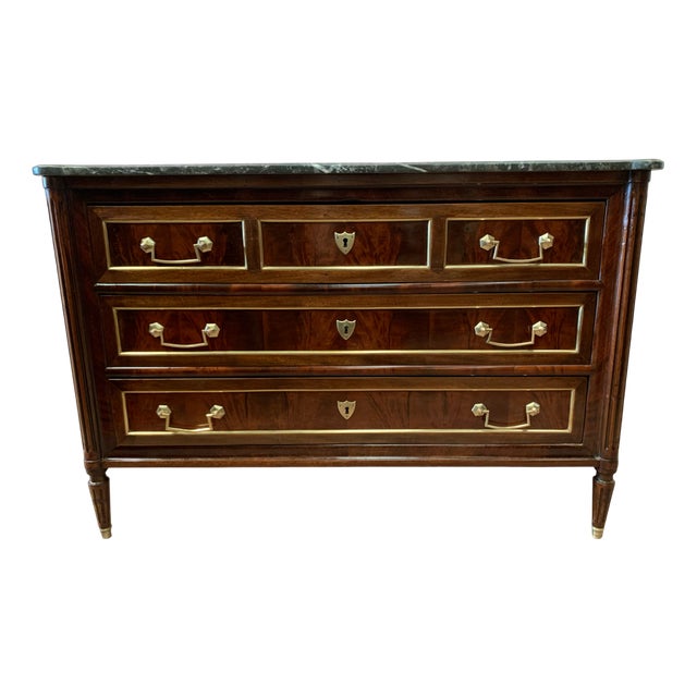 19th Century Louis XVI Chest of Drawers in Mahogany with Grey Veined Marble Top For Sale