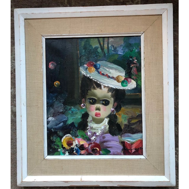 1960s Original Vintage Mid Century Modern Big Eyed Girl With Hat Painting Signed Original Frame 1960’s For Sale - Image 5 of 5