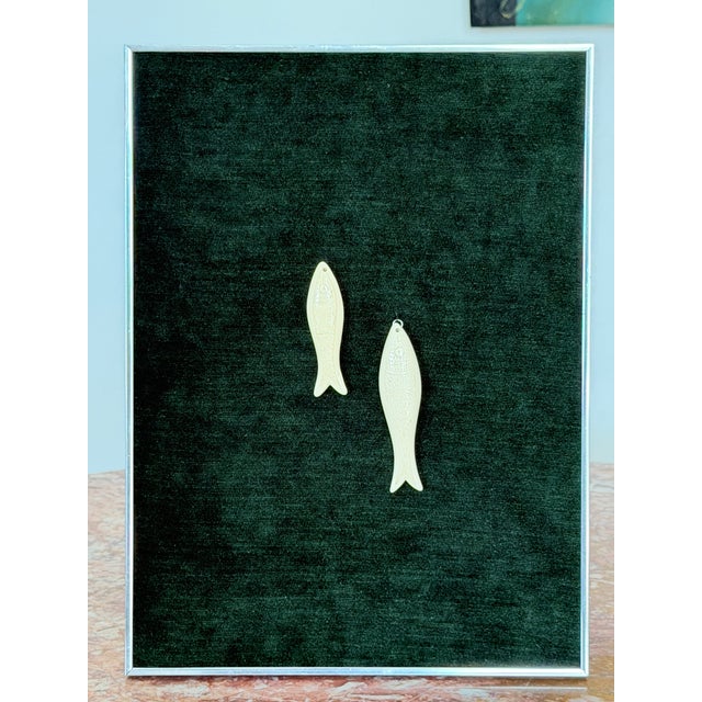 Forest Green Kinetic Art Framed Bas Relief Carved Sardines Deep Forest Green Chenille Textile For Sale - Image 8 of 14