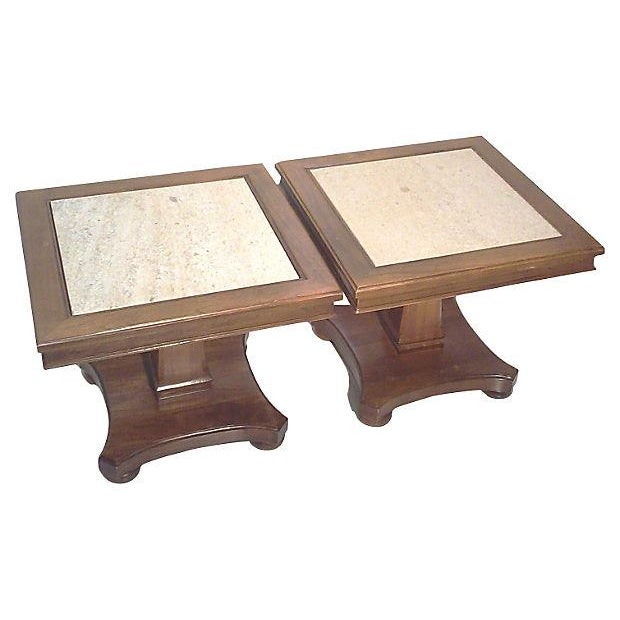 Mid-Century Modern Wood and Travertine Neo-Classical End Tables -Pair For Sale - Image 3 of 5