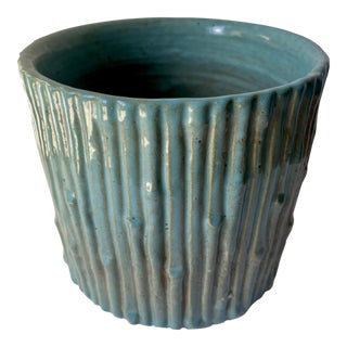 Vintage Turquoise Faux Bamboo Ceramic Planter/Cachepot For Sale