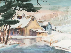 'Barn in Winter' by Gladys Louise Bowman Fies, Society of Watercolor Artists, Rural Winter, California