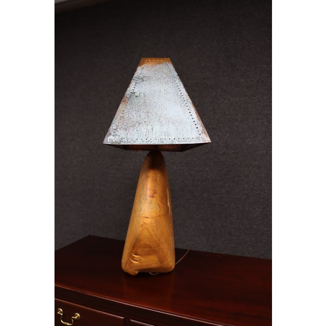Mid 20th Century Mid Century Modern Oversized Live Edge Wood Table Lamp With Patinated Copper Shade For Sale - Image 4 of 12