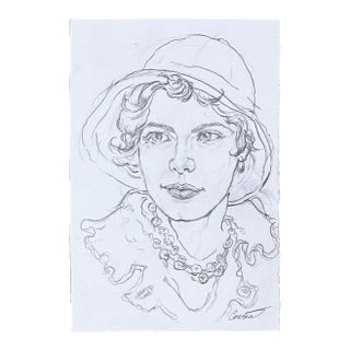 Realism Pencil Drawing Young Woman With Cloche Hat For Sale