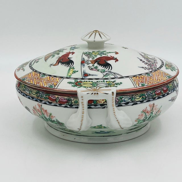 Ceramic Vintage Chinoiserie Famille Rose Porcelain Covered Tureen Centerpiece - Rooster and Bok Choy Cabbage For Sale - Image 7 of 16