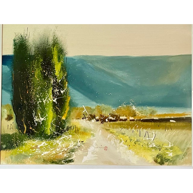 Mid-Century Modern Late 20th Century Mid-Century Modern Abstract Landscape Mixed Media Painting by S. Shin - Framed For Sale - Image 3 of 6