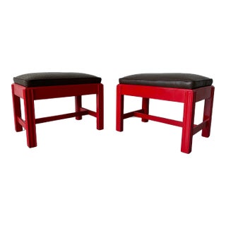 1970's Mid-Century Red Lacquered Mahogany Wood With Brown Leather Seats Ottomans - a Pair For Sale