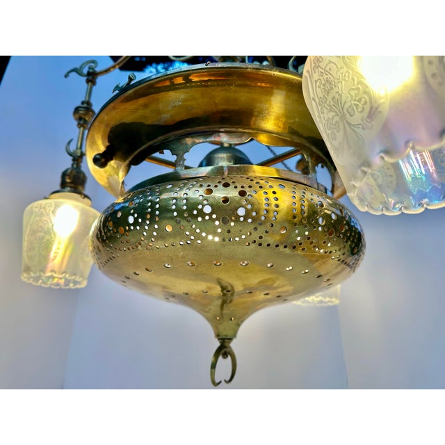 Vintage 4-Light Mughal-Style Pierced Brass Chandelier With Crescent Motif For Sale - Image 9 of 12