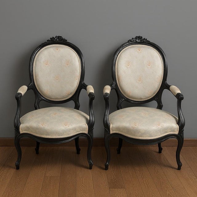 Napoleon III Armchairs in Blackened Wood, 1850, Set of 2 For Sale - Image 9 of 9