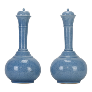 Pair of Chinese 20th Century Ottoman-Style Light Blue Glazed Lidded Vases