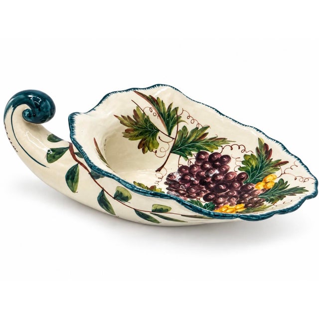 Vintage Italian Hand-Painted Grapevine Ceramic Serving Dish With Scroll Handle For Sale - Image 4 of 5