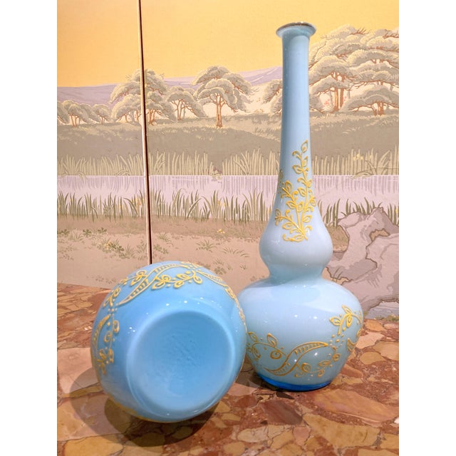 Mid-Century Italian Turquoise Opaline Murano Glass Soliflower Vases, 1960s, Set of 2 For Sale - Image 6 of 16