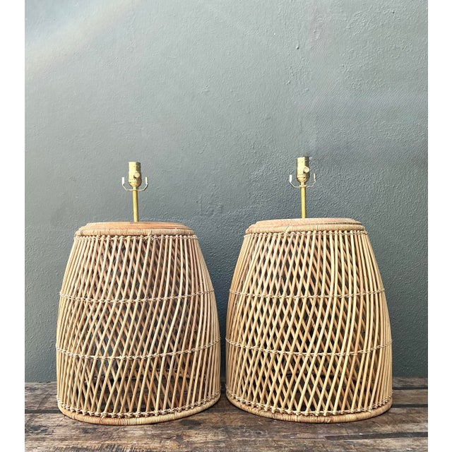 Vintage Woven Rattan Lamps - A Pair For Sale - Image 12 of 12