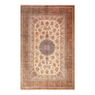 Nazmiyal Collection Ivory Vintage Persian Silk Floral Gonbad Qum Rug For Sale