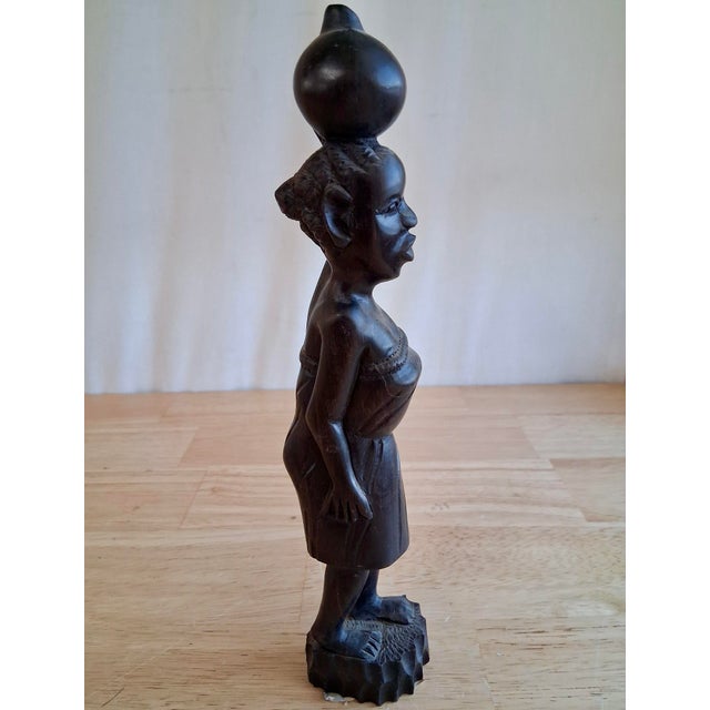 Folk Art Hand Carved Angola Wood Sculpture Woman Carrying Water Jar African Folk Art 10” For Sale - Image 3 of 12