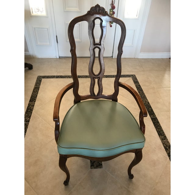 Vintage Wood And Green Upholstery Dining Room Chairs Set Of 4