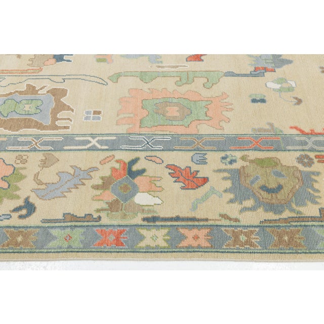 Modern Hand-Knotted Oushak Style Wool Area Rug in Pastel Palette and Soft Beige For Sale - Image 4 of 12