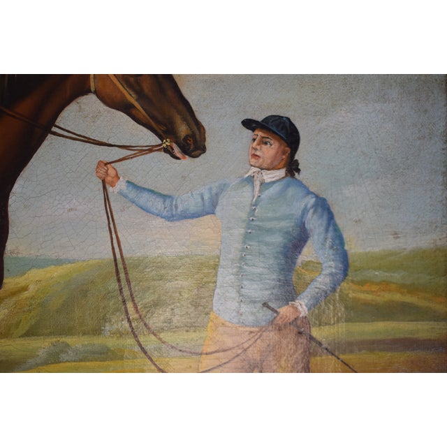 Traditional Blue Silks Jockey W/ Racehorse in Landscape Oil on Canvas For Sale - Image 3 of 5