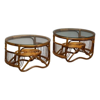 Franco Albini Style, Italian Mid-Century Modern, Side Tables, Bamboo, Rattan For Sale