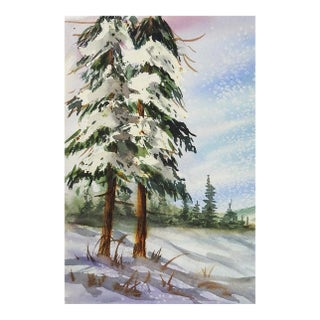Contemporary Impressionist Snow Covered Evergreens Watercolor Painting For Sale